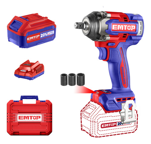 Kit Llave De Impacto Inalámbrico 1/2 Brushless Emtop 500nm Rojo/azul