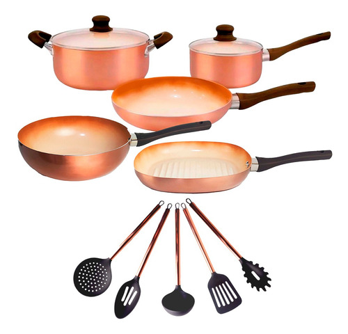 Set 10 Pz Olla Cacerola Bifera Wok Cerámica Cobre Hudson Bz3