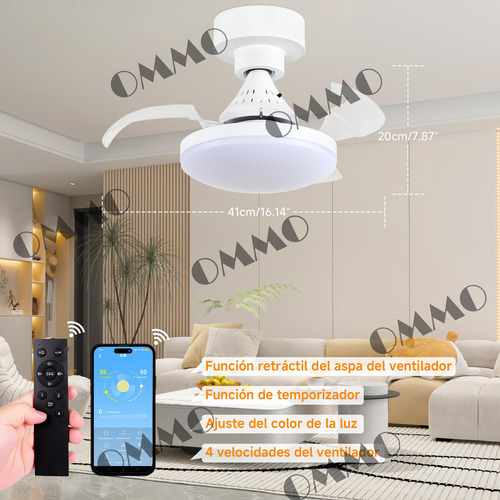 Ventilador Inteligente Luz Retráctil Plegable Ventilador con luz control con app y control 3 tipos luz y 4 velacidades ahorra espacio