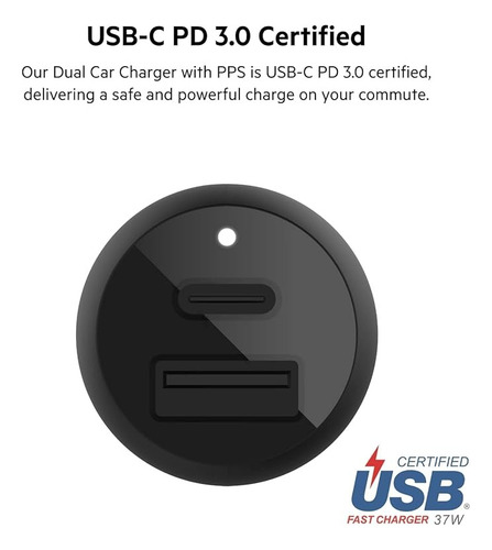 Carregador Veicular Duplo Belkin 37w Usb-c + Cabo iPhone 1m Cor Preto