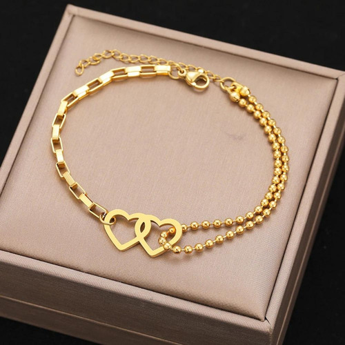 Imagen 4 de 8 de Pulsera De Tobillo Mujer Corazón Doble De Acero Dorado Pie