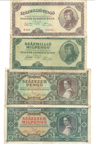 Hungría: 4 Billetes Antiguos Año 1945/1946