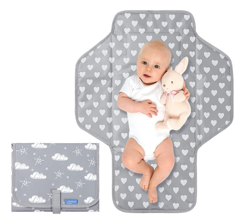 Cambiador Portátil Para Bebé, Compacto E Impermeable Color Gris Corazones