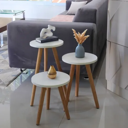 Kit Trio De ​Mesas Lateral Redonda Sala Pe Palito Retro