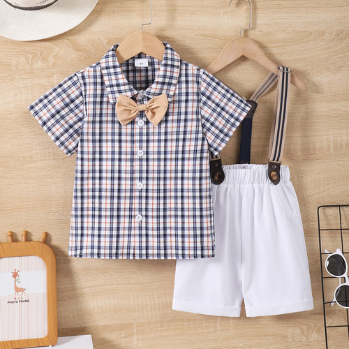 Conjunto A Cuadros Formal Para Niños Con Moño Y Tirantes Blanco 2-3 A