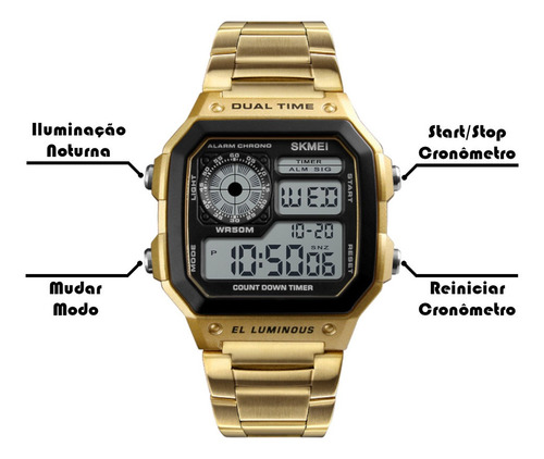 Relógio Masculino Skmei 1335 Dig Resis Água Dourado Casual