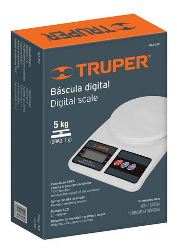 Imagen 3 de 3 de Báscula de cocina digital Truper BASE-5EP pesa hasta 5kg
