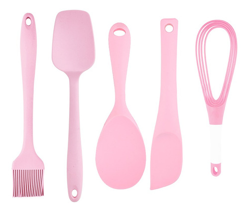 Kit Fue Espátula Colher 5 Utensílios De Silicone Rosa