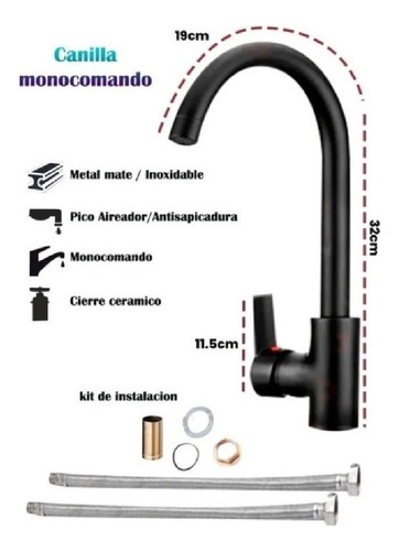 Canilla Grifería Monocomando Cocina Mesada Pico Cisne Negra Color Negro