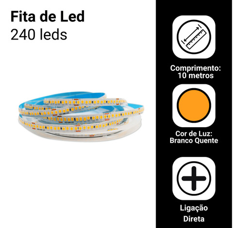 Fita Led Direta 240leds/m Rolo 10m Não Usa Fonte Luz Branco-quente Tensão De Operação