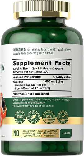 Imagen 2 de 2 de Guarana Premium 1600mg 200 Caps Energia Antifatiga Cafeina