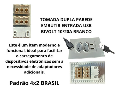 Kit C/4 Tomada 10/20 Ampêres Modular Dupla 2 Usb Carregador Branco