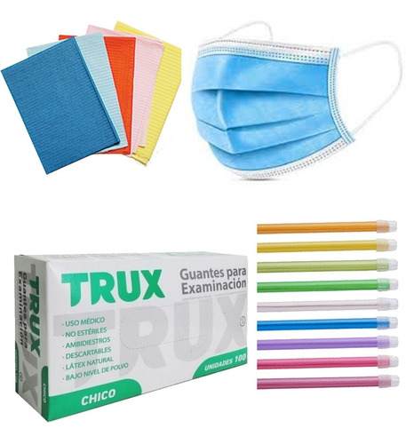 Kit Odontologo: Barbijos Guantes Látex Eyectores Compresas