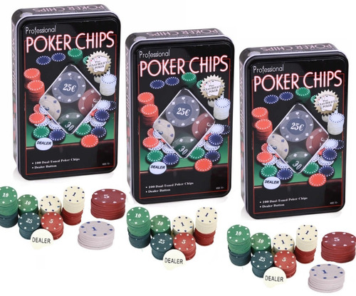 Pack X3 Set Poker 100 Fichas Caja Metal Poker Juegos Mesa