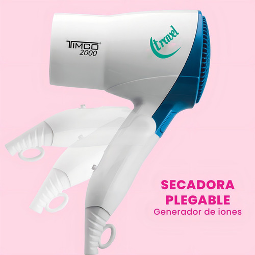 Secadora Cabello Plegable P/viaje Iones Timco Tra-2000 Blanco