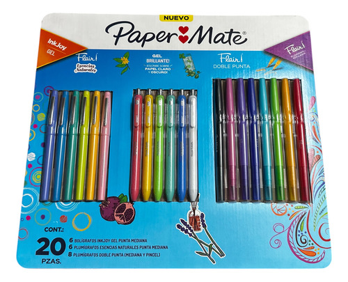 Paper Mate Kit 20 Ink Joy Gel Y Flair Doble Punta Agua