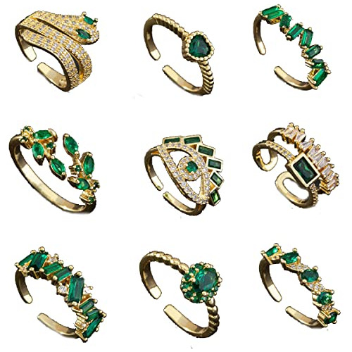 Jiliyupa 9 Anillos De Esmeralda Para Mujer, Chapados En Oro 