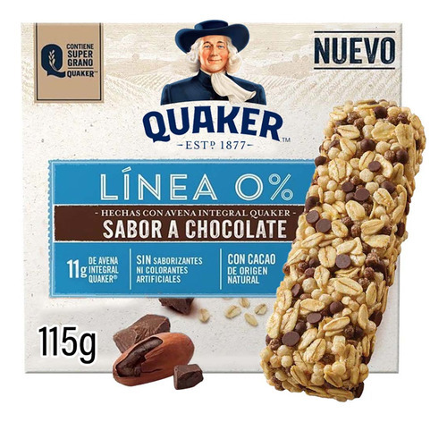 Barras De Avena Quaker Línea 0% Con Chocolate 5 Barras 115g