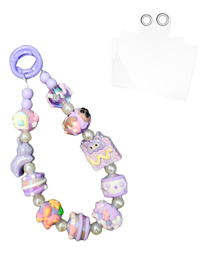 Cadena Para Celular Hecha A Mano Diseño Kawaii + 2 Almohadil Lila2