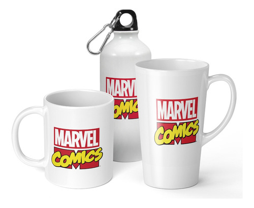 Set De Taza + Botella + Taza Conica Marvel Comic De Regalo