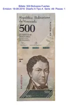 Comprar Billetes Antiguos De Venezuela 500 Bs F. 18-08-2016 Serie A8