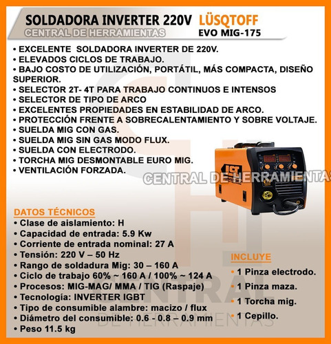 Imagen 3 de 4 de Soldadora Inverter Lusqtoff Evo Mig 175 3 En 1 Mma Flux Tig