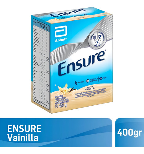 Suplemento em pó Assure Ensure: proteína, vitaminas, minerais, ômega 3 e 6, fibra em pó com sabor de baunilha em uma caixa de 400 g