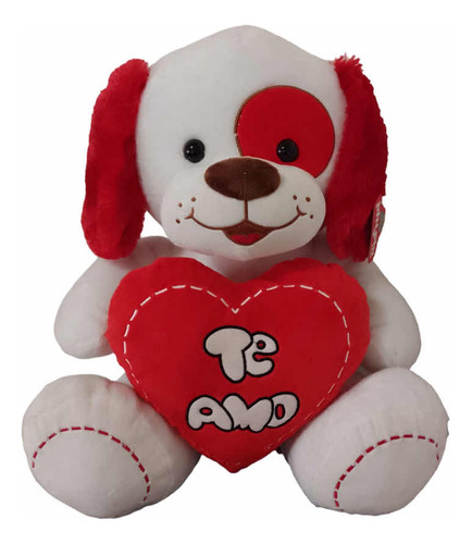 Peluche Perro Corazón Te Amo Blanco Orejas Rojas Grande