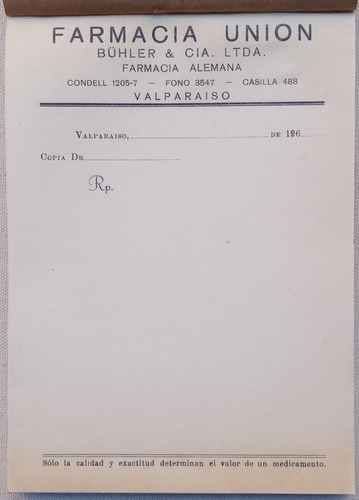 Talonario Farmacia Union Valparaiso Años 60 Farmacia Alemana