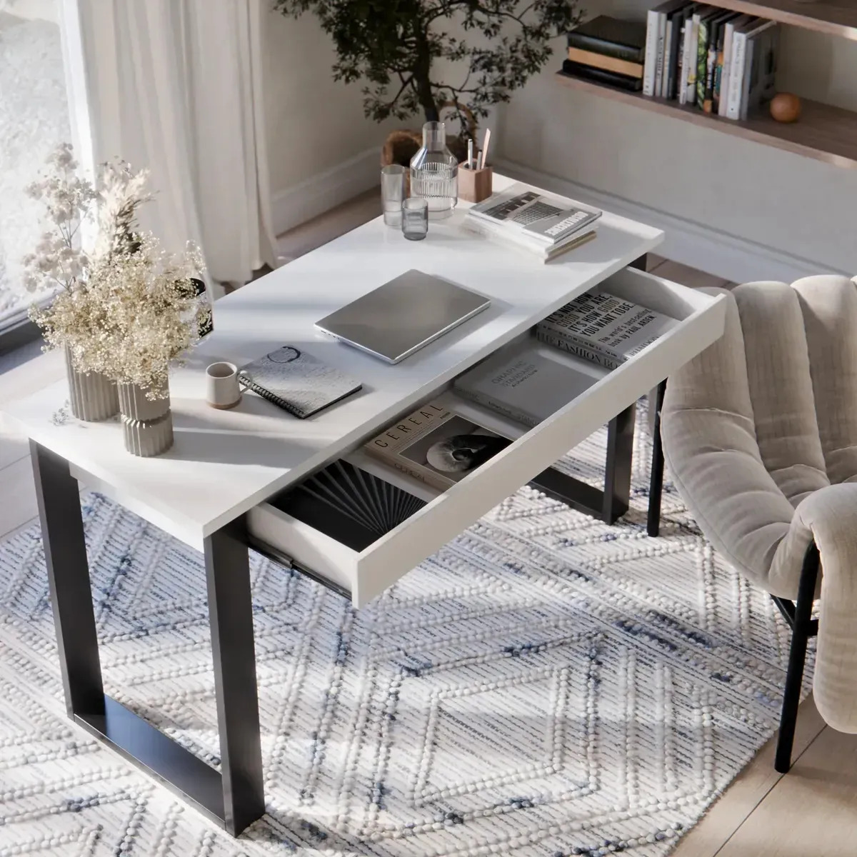 Mesa Escrivaninha Industrial Com 1 Gaveta Para Escritório/estudo Cor Branco M Casa Moveis