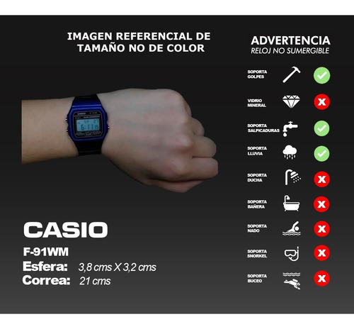 Reloj de pulsera Casio Collection F-91 de cuerpo color plateado, digital, fondo gris, con correa de resina color negro, dial negro, minutero/segundero negro, bisel color plateado y hebilla simple