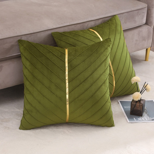 Fundas De Cojin Verde Olivo Con Franja Dorada 60x60cm 2 Pzs