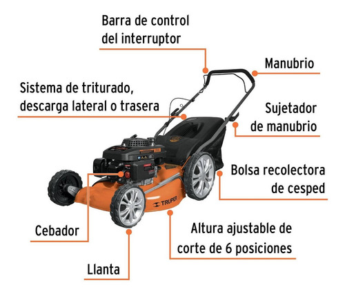 Imagen 2 de 4 de Podadora de césped a gasolina Truper P-520 color naranja con potencia de 5hp 20" de capacidad de corte