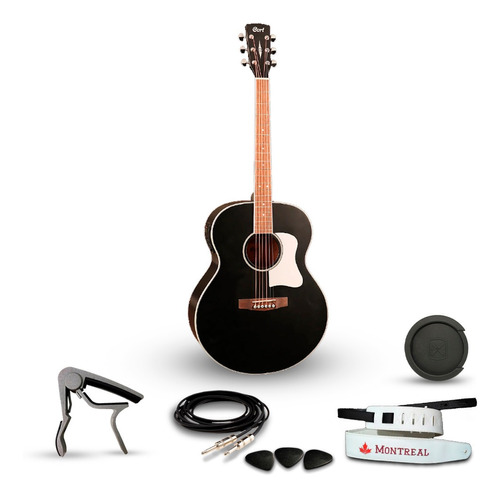 Kit Violão Eletroacústico Cort Cj Medx Jumbo Black Satin