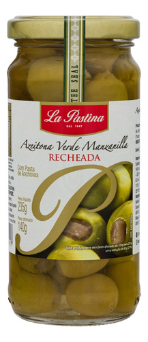 Azeitona Verde em Conserva Manzanilla Recheio Pasta de Anchovas La Pastina Vidro 140g