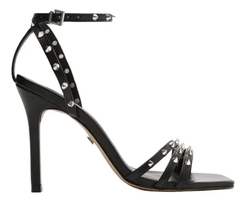 Sand lia Preta Salto Alto Fino Arezzo Com Tiras Spikes