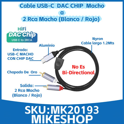 Cable Usb C A 2 Rca Stereo Audio Para Celulares Tablets Ipad