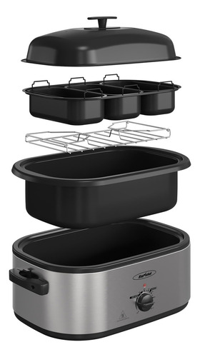 Horno tostador eléctrico Sunvivi de 24 cuartos, 3 compartimentos, control de temperatura de 150 a 450 °F, sartén y rejilla extraíbles, acero inoxidable plateado.