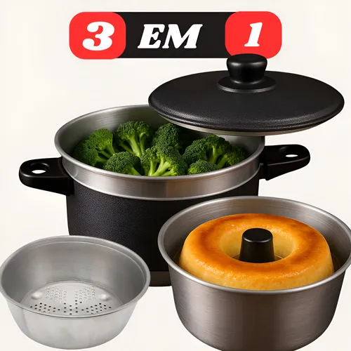Panela 3 em 1 com tampa, mostrando um compartimento com brócolis cozidos no vapor e outro com um pudim pronto