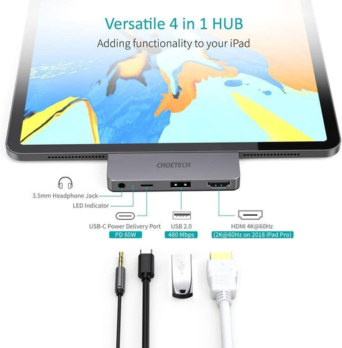 Imagen 3 de 8 de iPad Pro Usb C Hub, Choetech 4 In 1 iPad Pro Hub. Hdmi Adap