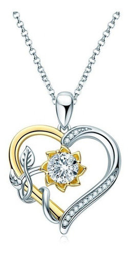 Imagen 3 de 7 de Collar Plata Fina 925 Corazon Girasol Moissanita Baño Oro