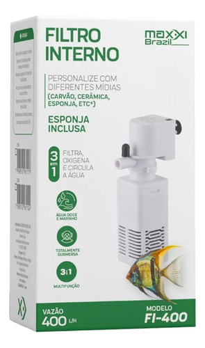 Filtro Interno 3 Em1 P Aquário 400l/h 4w Fi-400 Maxxi
