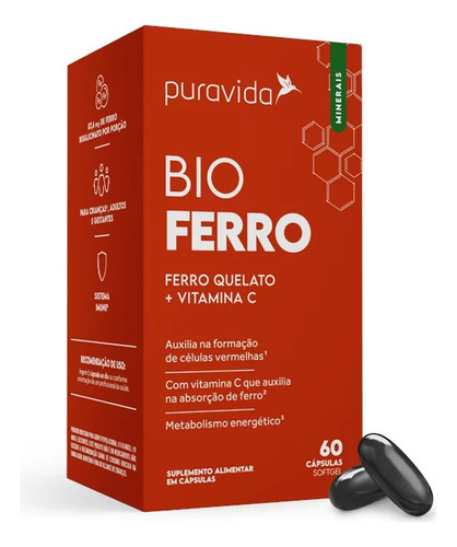 Pura Vida - Bio Ferro - Ferro Quelato + Vit. C - 60 Cps Sabor Neutro