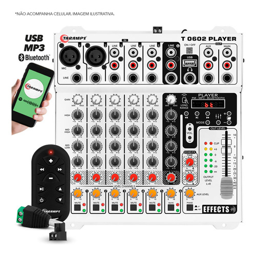 Mesa De Som Player T0602 Taramps Efeito Echo Fx Rca Xlr P10 T 0602 6 Entradas Mixer 12v Equalizador Mp3 Usb Fm Bluetooth 6 Canais Som Automotivo