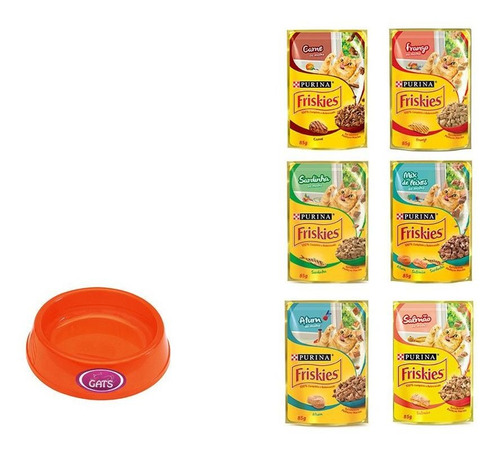 Comedouro Para Gato Pet Flex Vermelho 200ml + 6 Sachês Friskies Sabores Variados