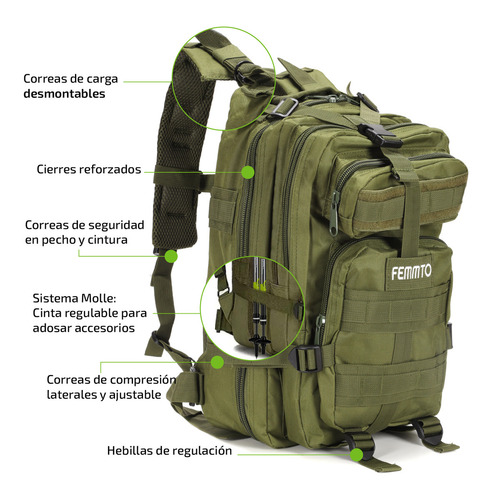 Imagen 4 de 9 de Mochila Tactica De Camping 30 Litros Femmto Mochilero Viaje