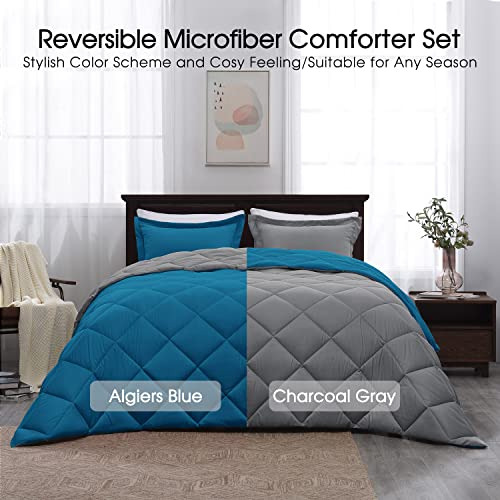 Juego De Edredon Tamaño Queen Reversible Color Azul Y Gris Azul Y Gris Liso