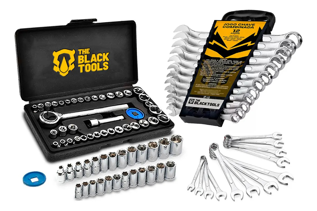 Jogo Chaves Catraca Reversível Soquetes 40 Peças E Maleta + Jogo De Chaves Combinada 12 Peças 6 a 22mm The Black Tools