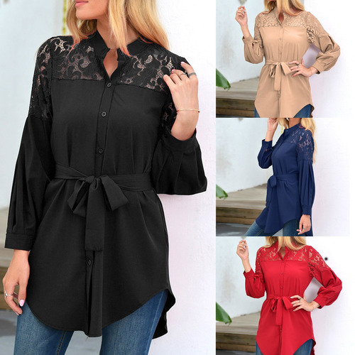 Las Mujeres De Encaje Blusa Vestido Corto Con Faja Cuello De Las Mujeres De Encaje Blusa Vestido Corto Con Faja Cuello De