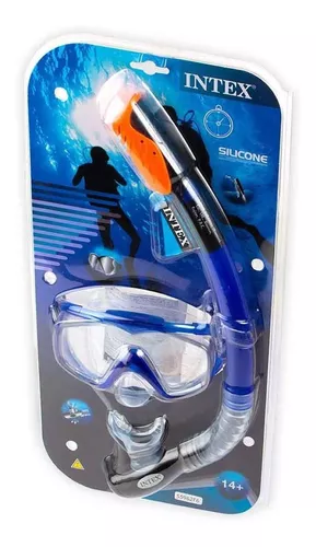 Swimline Máscara de buceo de vidrio templado de silicona y snorkel superior  seco con válvula de purga para jóvenes/adultos azul